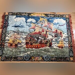 Vtg 1980s Sovali hanging tapestry sailing ships boho tassel 70x46 in